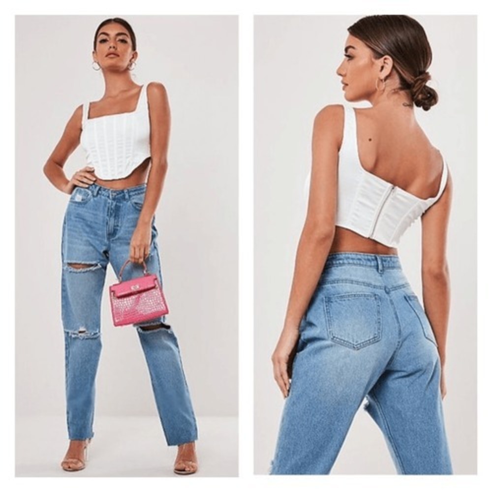 stassie x‎ missguided white satin corset top Size 4 Boning Crop Back Zip white